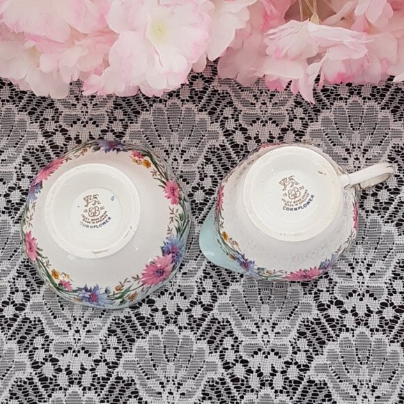 EB Foley Cornflower Blue Bone China Sugar Bowl and Milk Jug Set Pink Blue Flower - Picture 9 of 10